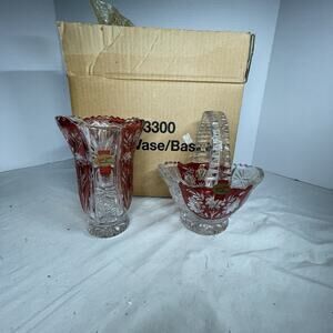 Anna Hutte Bleikristall Germany 24% Lead Crystal Floral Ruby Basket & Vase Set